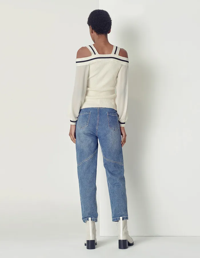 MARYLING Knitwear VNeck Contrast Stripe Knitted Spliced Georgette Top White 8211 Women MARYLING Knitwear VNeck Contrast Stripe Knitted Spliced Georgette Top White 8211 Women