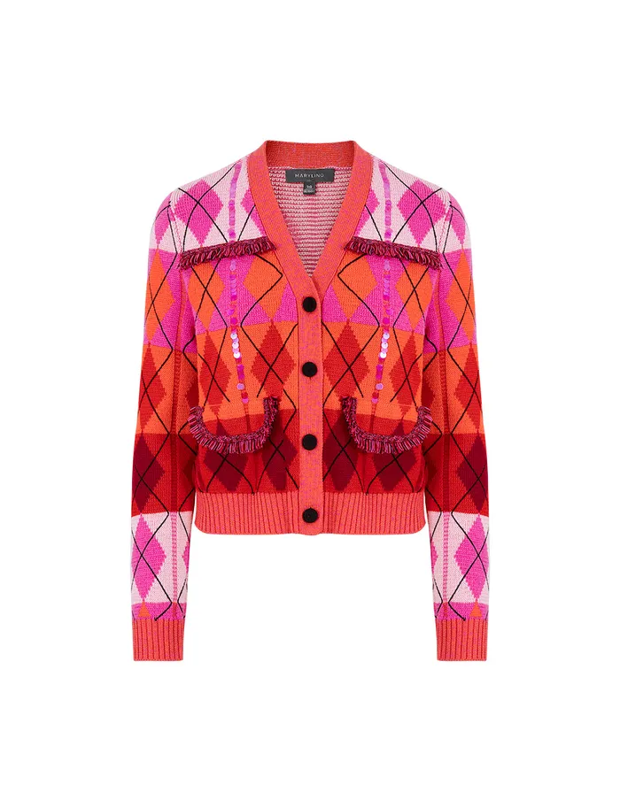 MARYLING Knitwear VNeck Red Berry Plaid Knitted Cardigan Red 8211 Women