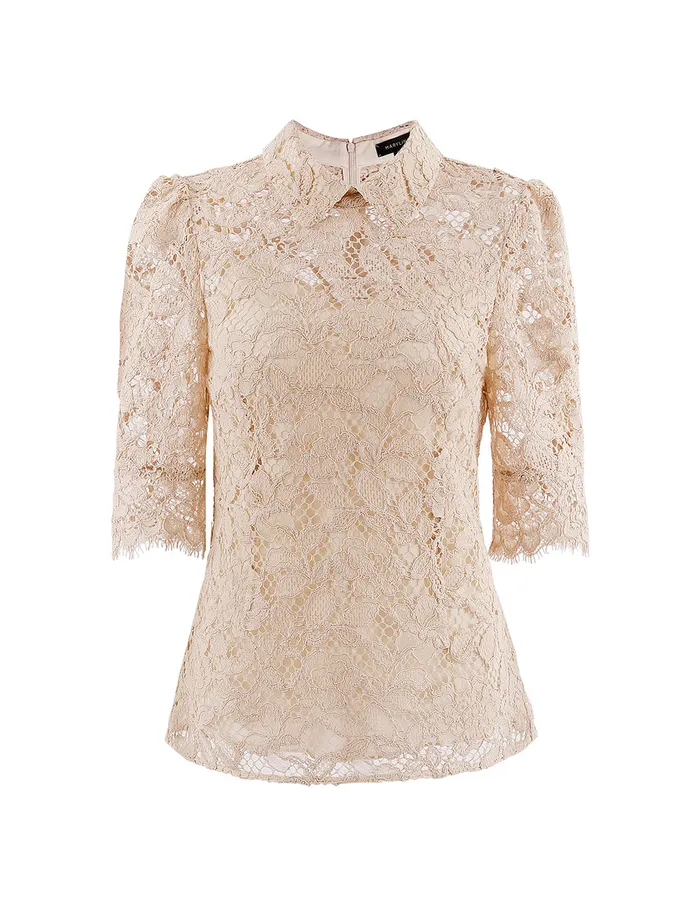 MARYLING Lace Dress PUFF SLEEVE SHIRT COLLAR LACE TOP Yellow 8211 Women