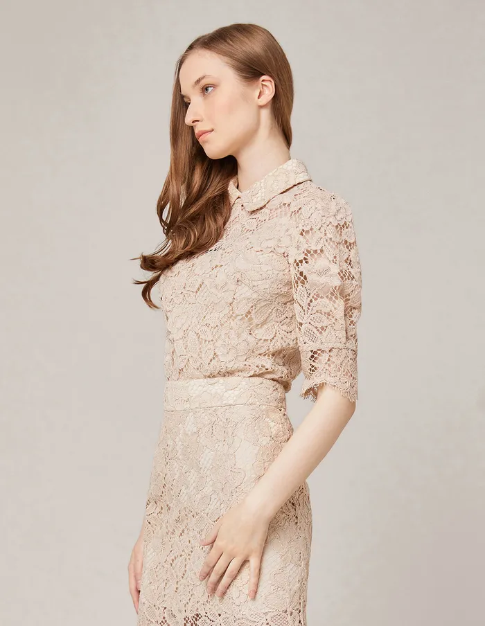 MARYLING Lace Dress PUFF SLEEVE SHIRT COLLAR LACE TOP Yellow 8211 Women