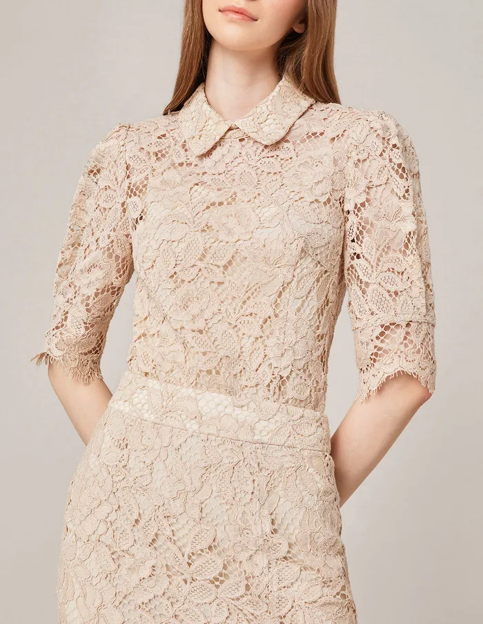 MARYLING Lace Dress PUFF SLEEVE SHIRT COLLAR LACE TOP Yellow 8211 Women