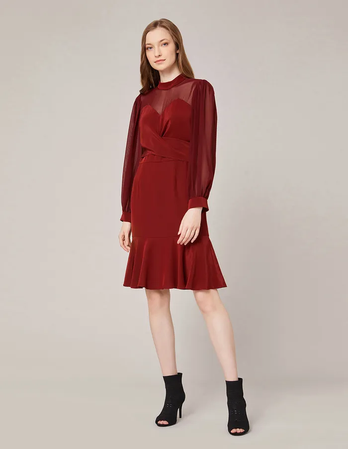 MARYLING Offce Dress GEORGETTE PUFF SLEEVES MIDI WRAP DRESS Dark Red 8211 Women MARYLING Offce Dress GEORGETTE PUFF SLEEVES MIDI WRAP DRESS Dark Red 8211 Women