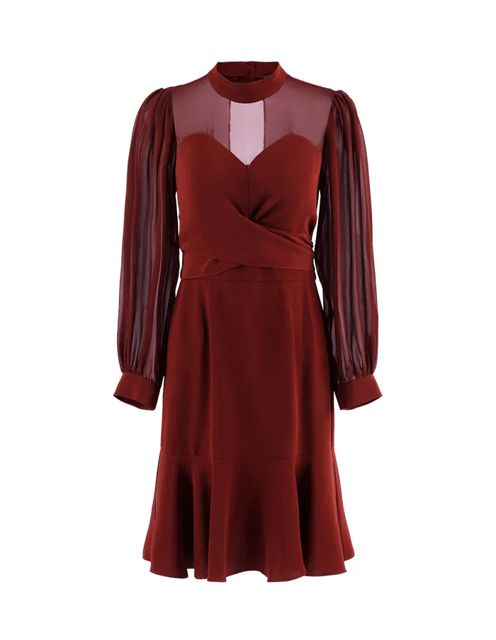MARYLING Offce Dress GEORGETTE PUFF SLEEVES MIDI WRAP DRESS Dark Red 8211 Women MARYLING Offce Dress GEORGETTE PUFF SLEEVES MIDI WRAP DRESS Dark Red 8211 Women