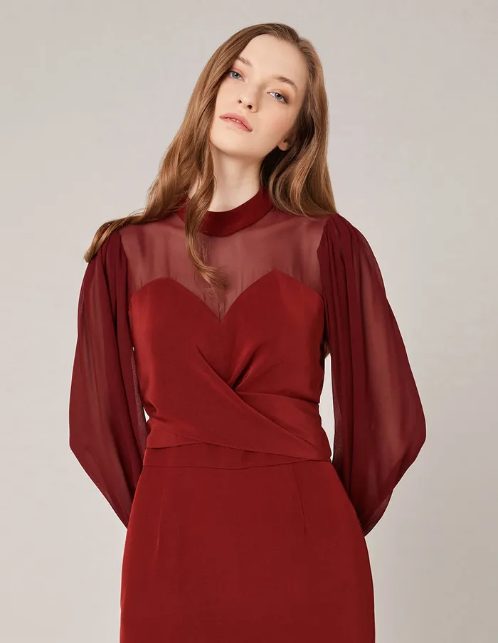 MARYLING Offce Dress GEORGETTE PUFF SLEEVES MIDI WRAP DRESS Dark Red 8211 Women MARYLING Offce Dress GEORGETTE PUFF SLEEVES MIDI WRAP DRESS Dark Red 8211 Women