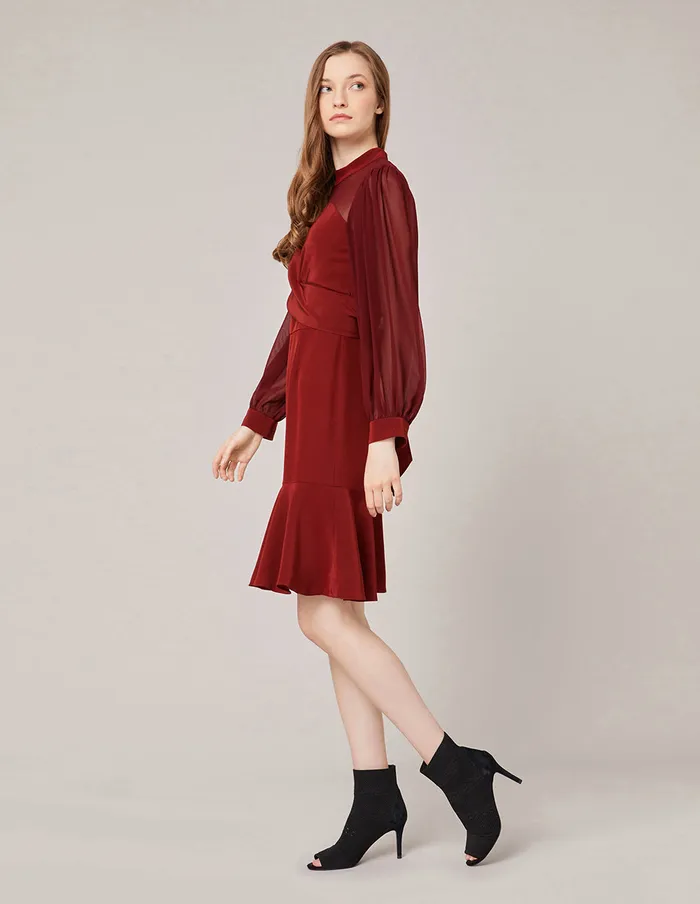 MARYLING Offce Dress GEORGETTE PUFF SLEEVES MIDI WRAP DRESS Dark Red 8211 Women MARYLING Offce Dress GEORGETTE PUFF SLEEVES MIDI WRAP DRESS Dark Red 8211 Women