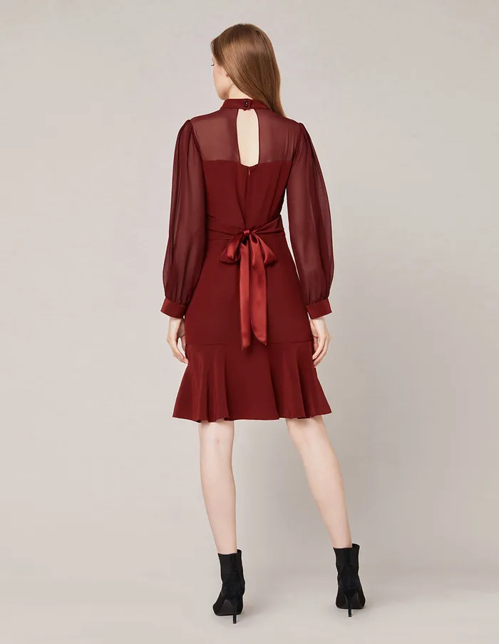 MARYLING Offce Dress GEORGETTE PUFF SLEEVES MIDI WRAP DRESS Dark Red 8211 Women MARYLING Offce Dress GEORGETTE PUFF SLEEVES MIDI WRAP DRESS Dark Red 8211 Women