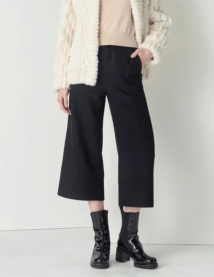 MARYLING Pants and Shorts Black Sheep Wool Slant Pockets Decorated Cropped Wideleg Pants Black 8211 Women MARYLING Pants and Shorts Black Sheep Wool Slant Pockets Decorated Cropped Wideleg Pants Black 8211 Women