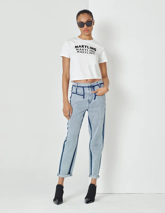 MARYLING Pants and Shorts Contrast Striped Denim Cropped Pencil Pants Blue 8211 Women MARYLING Pants and Shorts Contrast Striped Denim Cropped Pencil Pants Blue 8211 Women