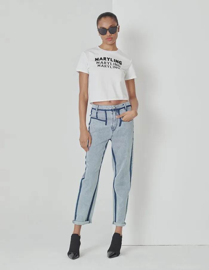 MARYLING Pants and Shorts Contrast Striped Denim Cropped Pencil Pants Blue 8211 Women MARYLING Pants and Shorts Contrast Striped Denim Cropped Pencil Pants Blue 8211 Women