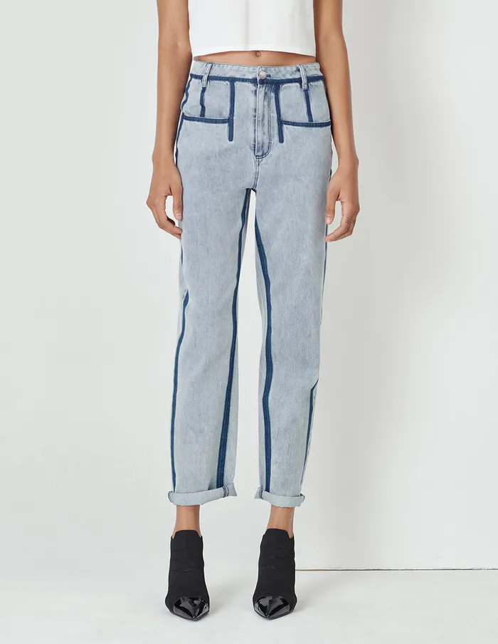 MARYLING Pants and Shorts Contrast Striped Denim Cropped Pencil Pants Blue 8211 Women MARYLING Pants and Shorts Contrast Striped Denim Cropped Pencil Pants Blue 8211 Women
