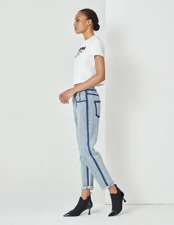 MARYLING Pants and Shorts Contrast Striped Denim Cropped Pencil Pants Blue 8211 Women MARYLING Pants and Shorts Contrast Striped Denim Cropped Pencil Pants Blue 8211 Women