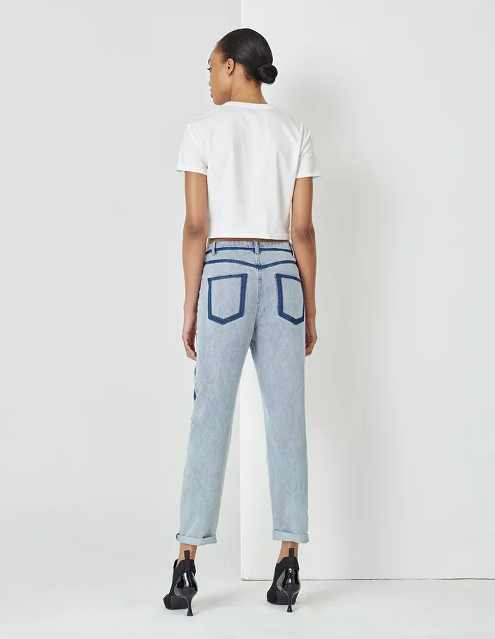 MARYLING Pants and Shorts Contrast Striped Denim Cropped Pencil Pants Blue 8211 Women MARYLING Pants and Shorts Contrast Striped Denim Cropped Pencil Pants Blue 8211 Women