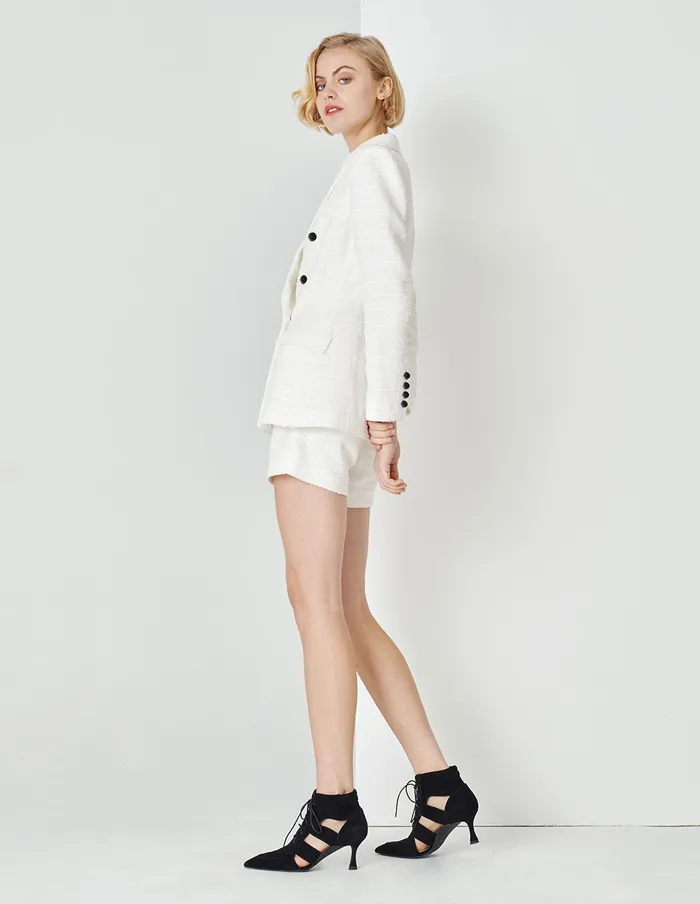 MARYLING Pants and Shorts White Tweed With Two Black Buttons Shorts White 8211 Women