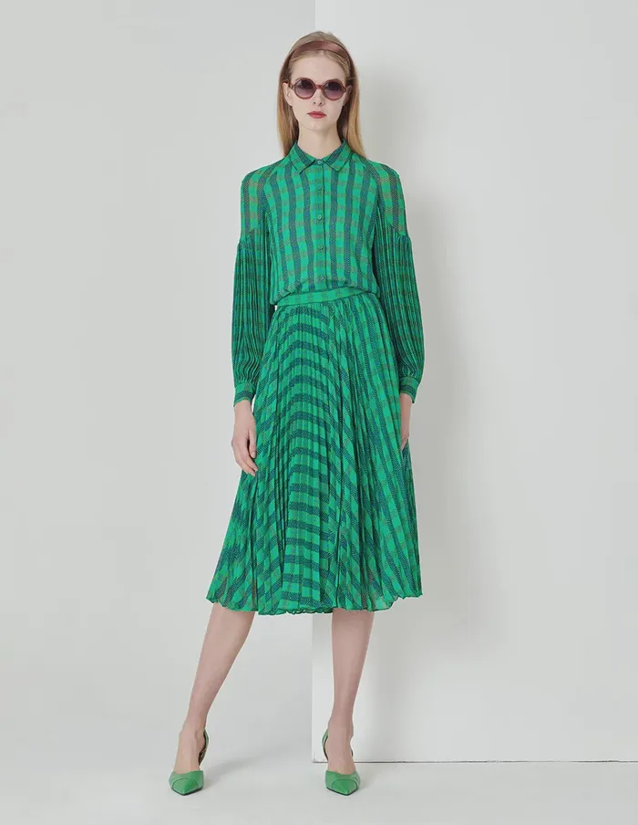 MARYLING Skirts Blue And Green Square Print Houndstooth Pleated Skirt Mix 8211 Women MARYLING Skirts Blue And Green Square Print Houndstooth Pleated Skirt Mix 8211 Women