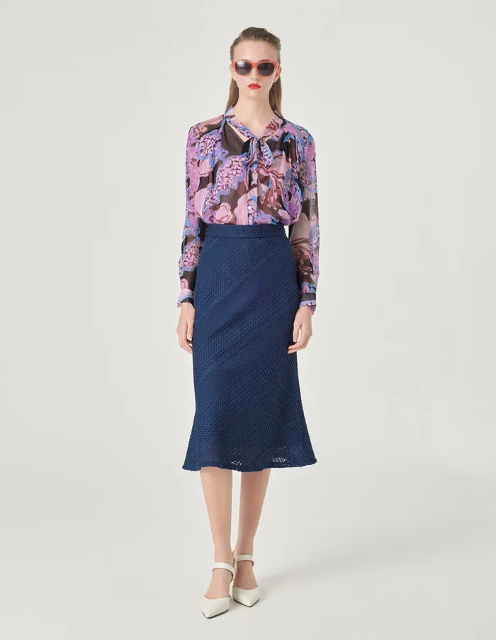 MARYLING Skirts Dark Blue Pleated Striped Lace Fishtail Skirt Blue 8211 Women