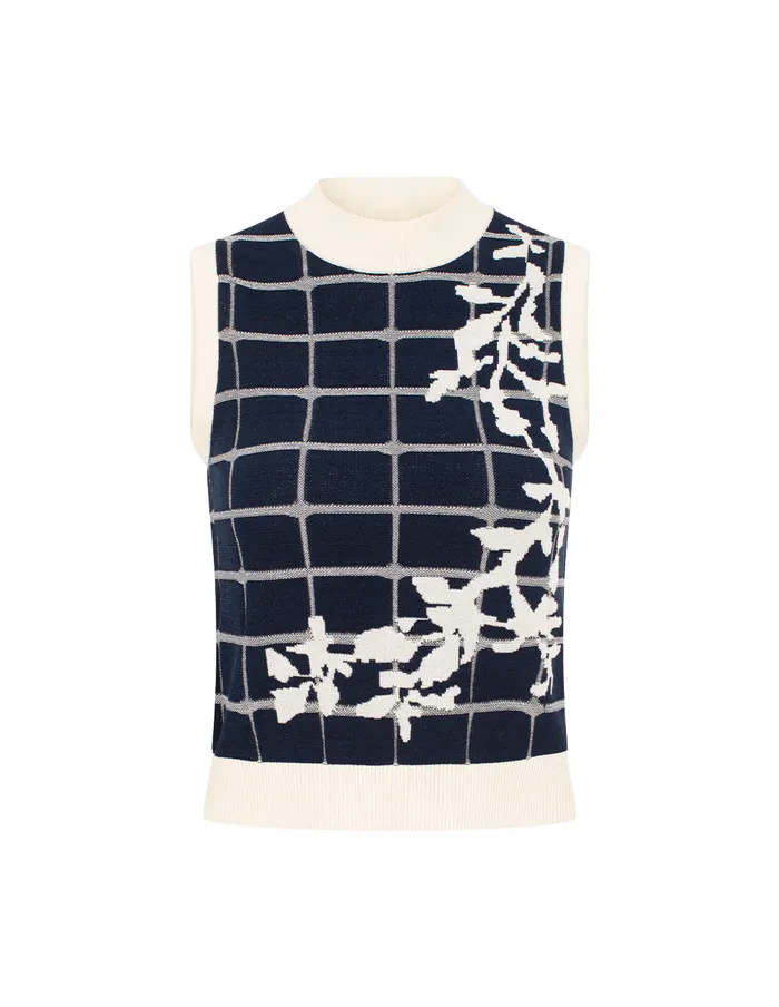 MARYLING Vest HalfTurtleneck Plaid Floral Embroidery Knit Vest Black 8211 Women MARYLING Vest HalfTurtleneck Plaid Floral Embroidery Knit Vest Black 8211 Women