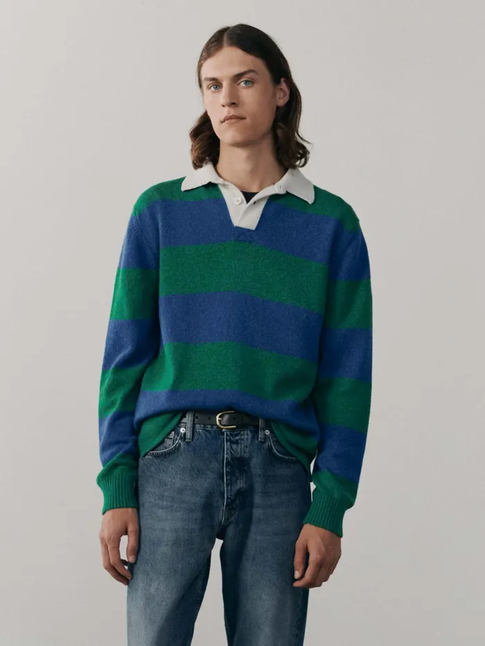 Men Begg X Co Polos and TShirts Hooped Rugby Cashmere Sweater Emerald Sky