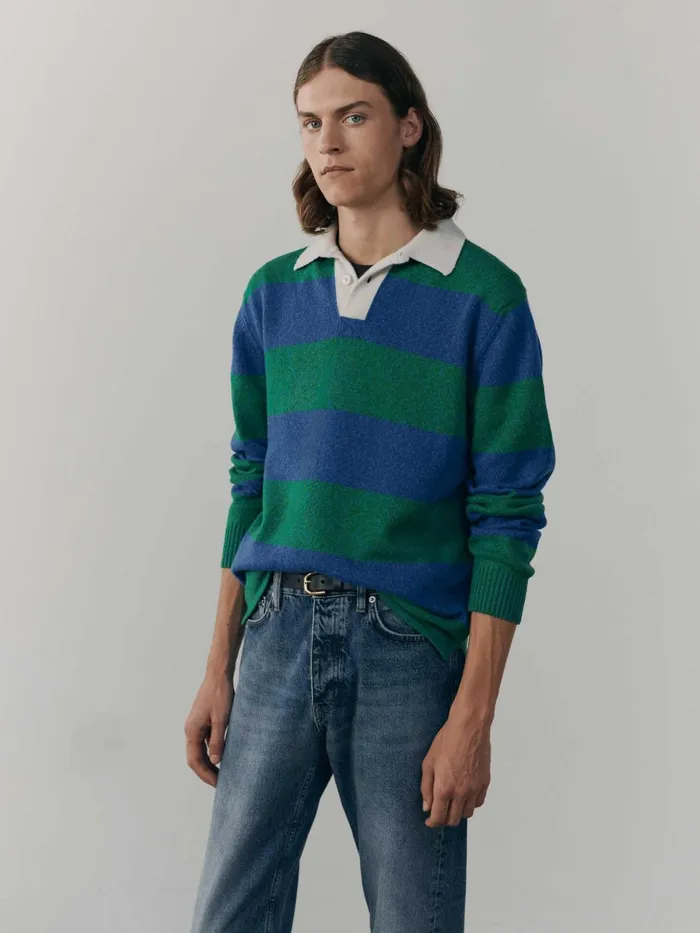 Men Begg X Co Polos and TShirts Hooped Rugby Cashmere Sweater Emerald Sky