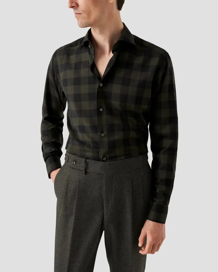 Men Bold Check Merino Wool Shirt Green Eton Dress Shirts