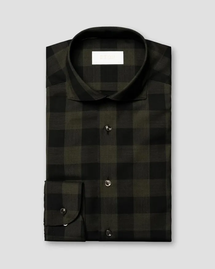 Men Bold Check Merino Wool Shirt Green Eton Dress Shirts Men Bold Check Merino Wool Shirt Green Eton Dress Shirts