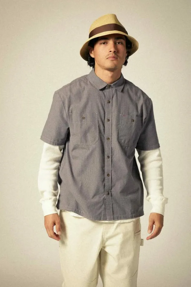 Men CRU Micro Plaid Relaxed SS Shirt Washed Navy Micro Plaid Brixton Button Ups
