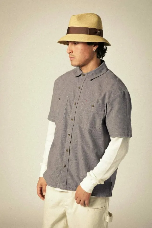 Men CRU Micro Plaid Relaxed SS Shirt Washed Navy Micro Plaid Brixton Button Ups