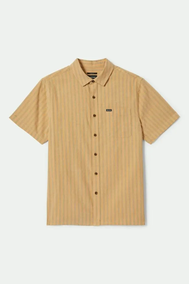 Men CRU Oxford Stripe SS Shirt Curryivy Green Stripe Brixton Button Ups