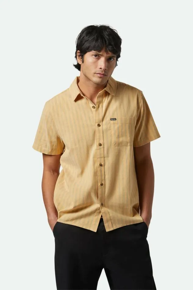 Men CRU Oxford Stripe SS Shirt Curryivy Green Stripe Brixton Button Ups