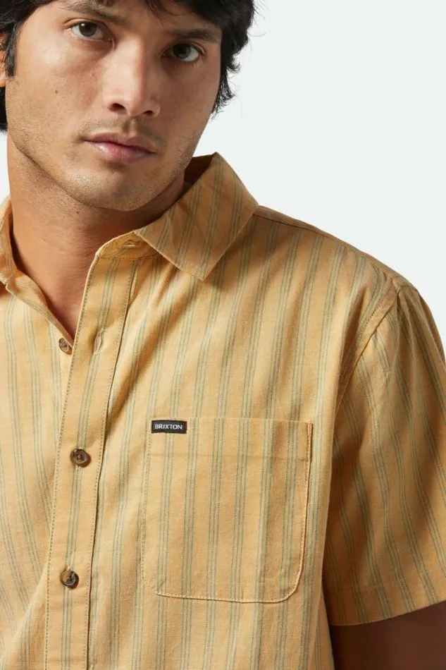 Men CRU Oxford Stripe SS Shirt Curryivy Green Stripe Brixton Button Ups
