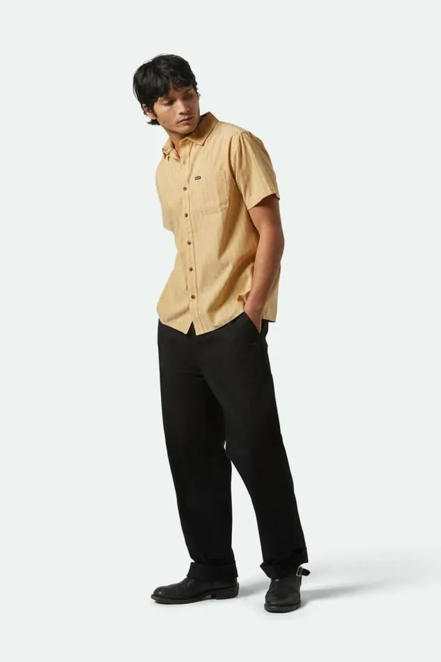 Men CRU Oxford Stripe SS Shirt Curryivy Green Stripe Brixton Button Ups