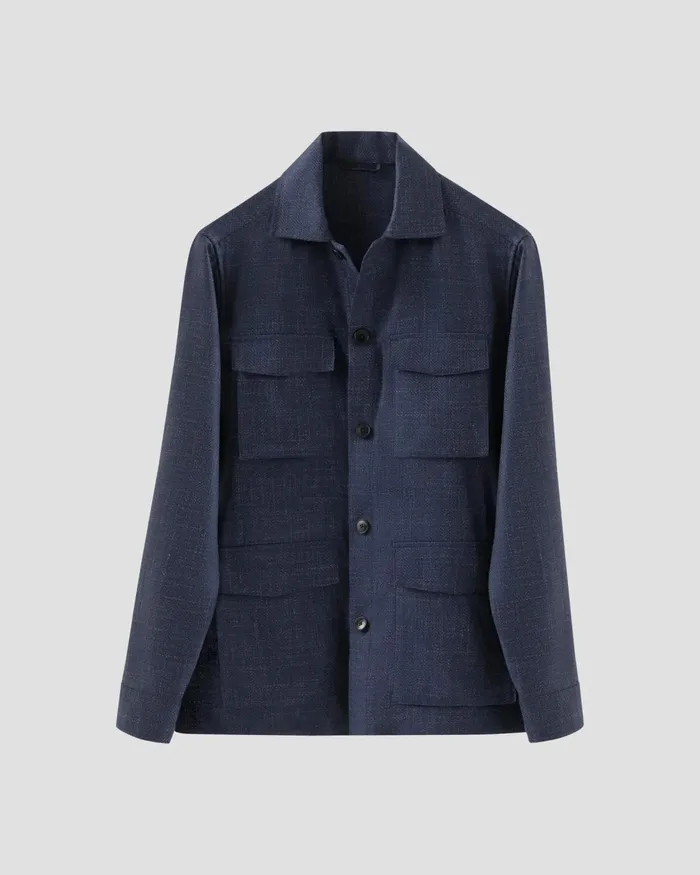 Men Herringbone Wool Linen Overshirt Blue Eton Overshirts