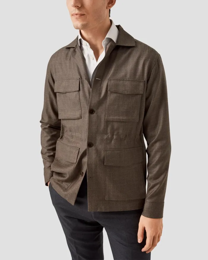 Men Herringbone Wool Linen Overshirt Brown Eton Overshirts