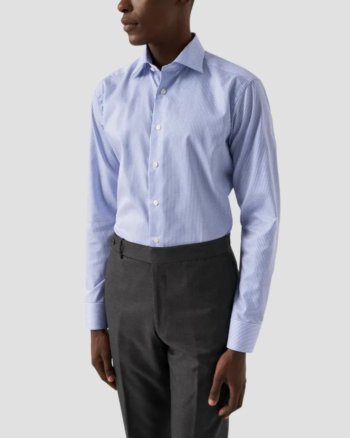 Men Mid Blue Striped Fine Twill Shirt Blue Eton Dress Shirts