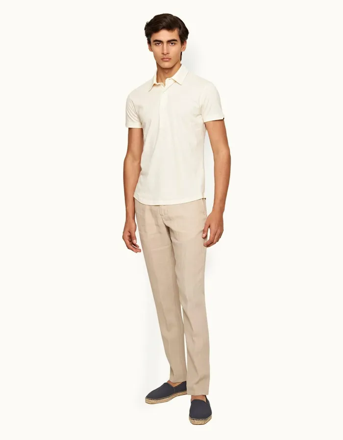 Men Orlebar Brown Polo Shirts Sebastian Cotton Silk White Sand