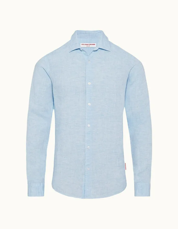 Men Orlebar Brown Shirts Giles Linen Pale Bluewhite