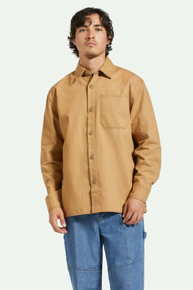 Men Selden LS Overshirt Tobacco Brown Worn Wash Brixton Button Ups