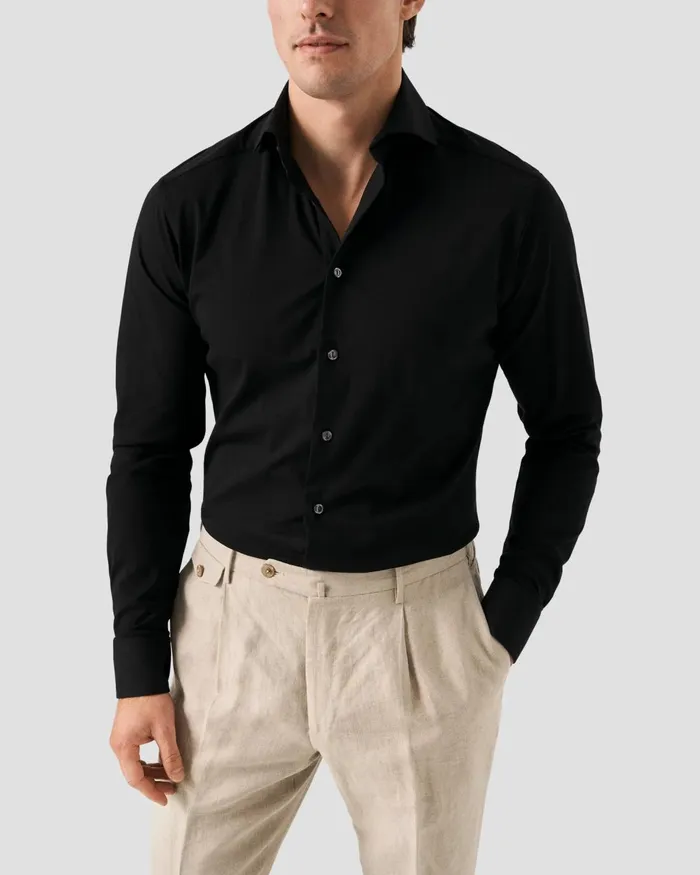 Men Solid Cotton FourWay Stretch Shirt Black Eton Dress Shirts