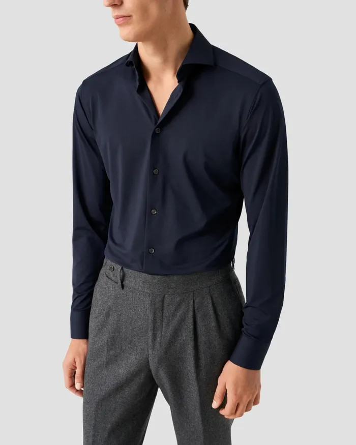 Men Solid FourWay Stretch Shirt Blue Eton Dress Shirts
