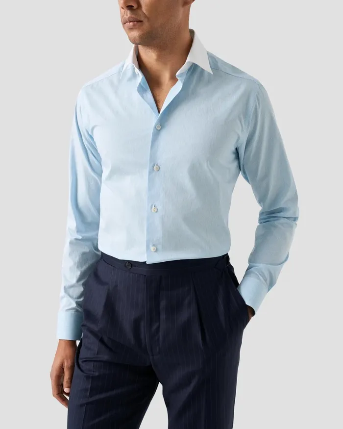 Men White Collar Fine Striped Shirt Blue Eton Dress Shirts