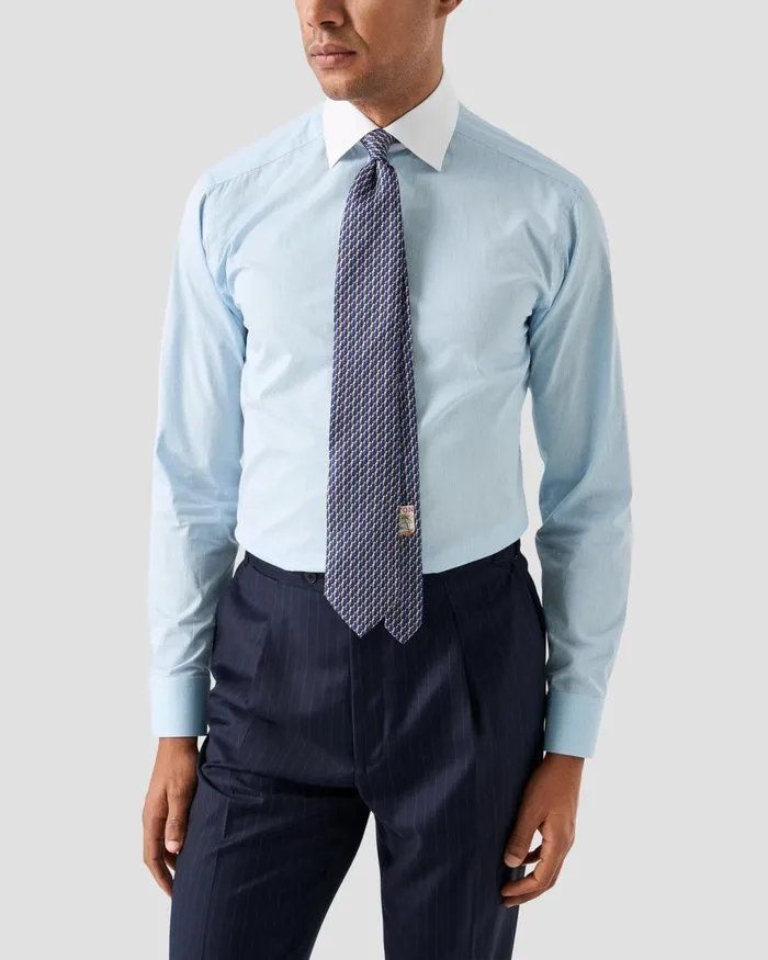 Men White Collar Fine Striped Shirt Blue Eton Dress Shirts Men White Collar Fine Striped Shirt Blue Eton Dress Shirts