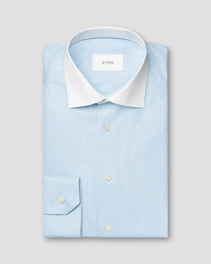 Men White Collar Fine Striped Shirt Blue Eton Dress Shirts Men White Collar Fine Striped Shirt Blue Eton Dress Shirts