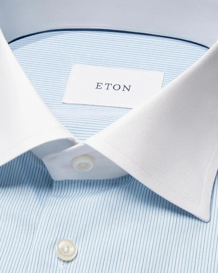 Men White Collar Fine Striped Shirt Blue Eton Dress Shirts Men White Collar Fine Striped Shirt Blue Eton Dress Shirts