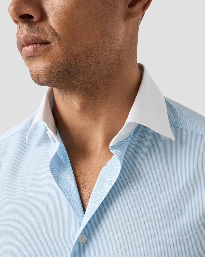 Men White Collar Fine Striped Shirt Blue Eton Dress Shirts Men White Collar Fine Striped Shirt Blue Eton Dress Shirts