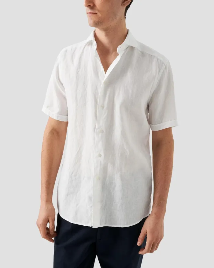 Men White Linen Shirt 8211 Short Sleeve White Eton Casual Shirts