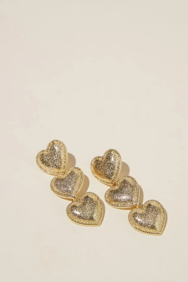 Mid Charm Earring Gold Plated Drop Trio Hammered Heart Women Cotton On Jewelry