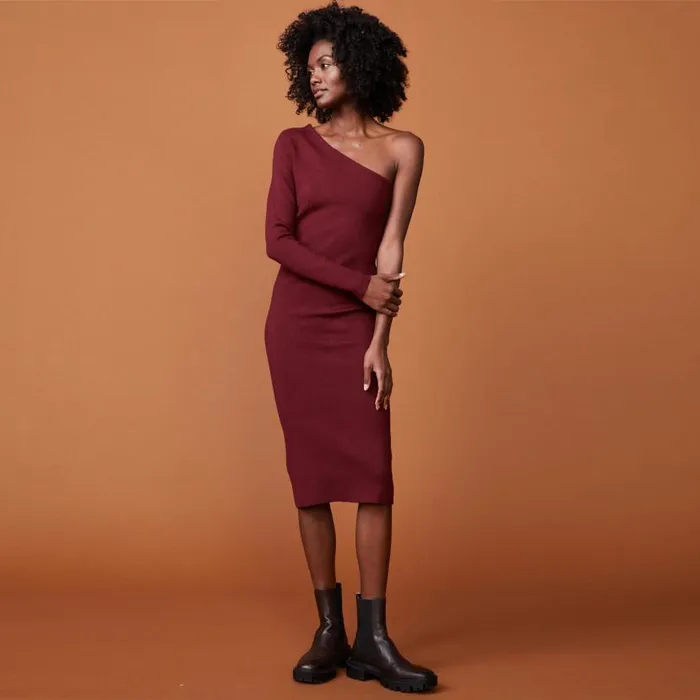 MONROW DRESSES Supersoft Sweater Knit One Shoulder Dress Rhubarb 8211 Shop