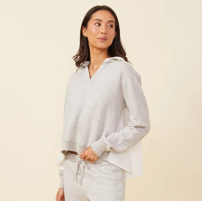 MONROW LONG SLEEVE Poplin Mix Collar Sweatshirt Heather Grey 8211 Shop
