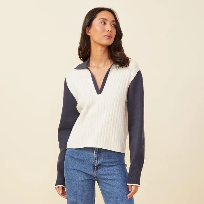 MONROW LONG SLEEVE Soft Knit Colorblock Polo Ivoryblue Black 8211 Shop