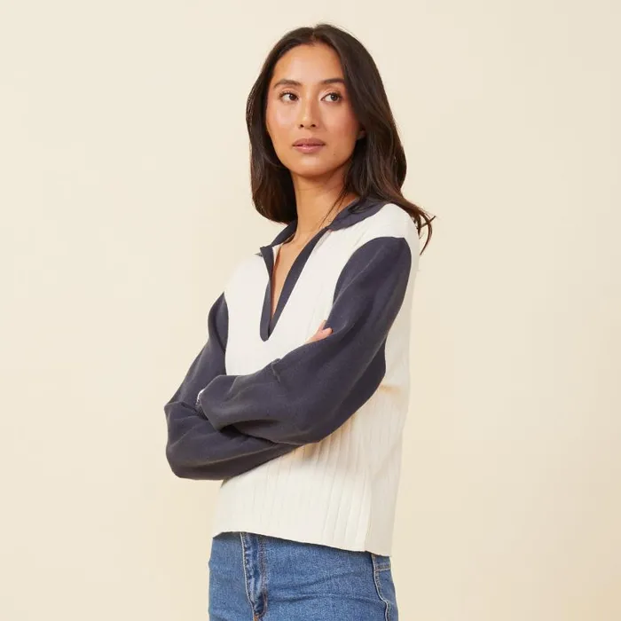 MONROW LONG SLEEVE Soft Knit Colorblock Polo Ivoryblue Black 8211 Shop