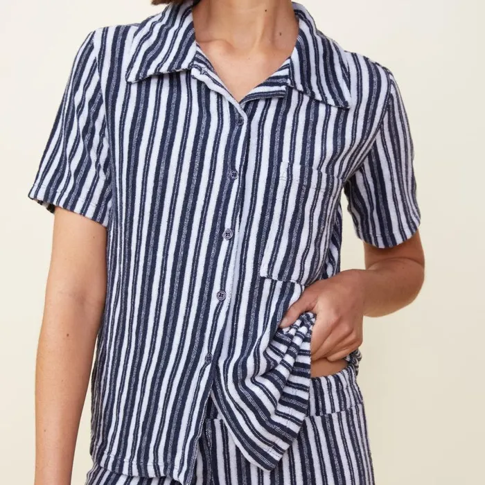MONROW TEES Stripe Terry Cloth Pocket Shirt Navy Stripe 8211 Shop